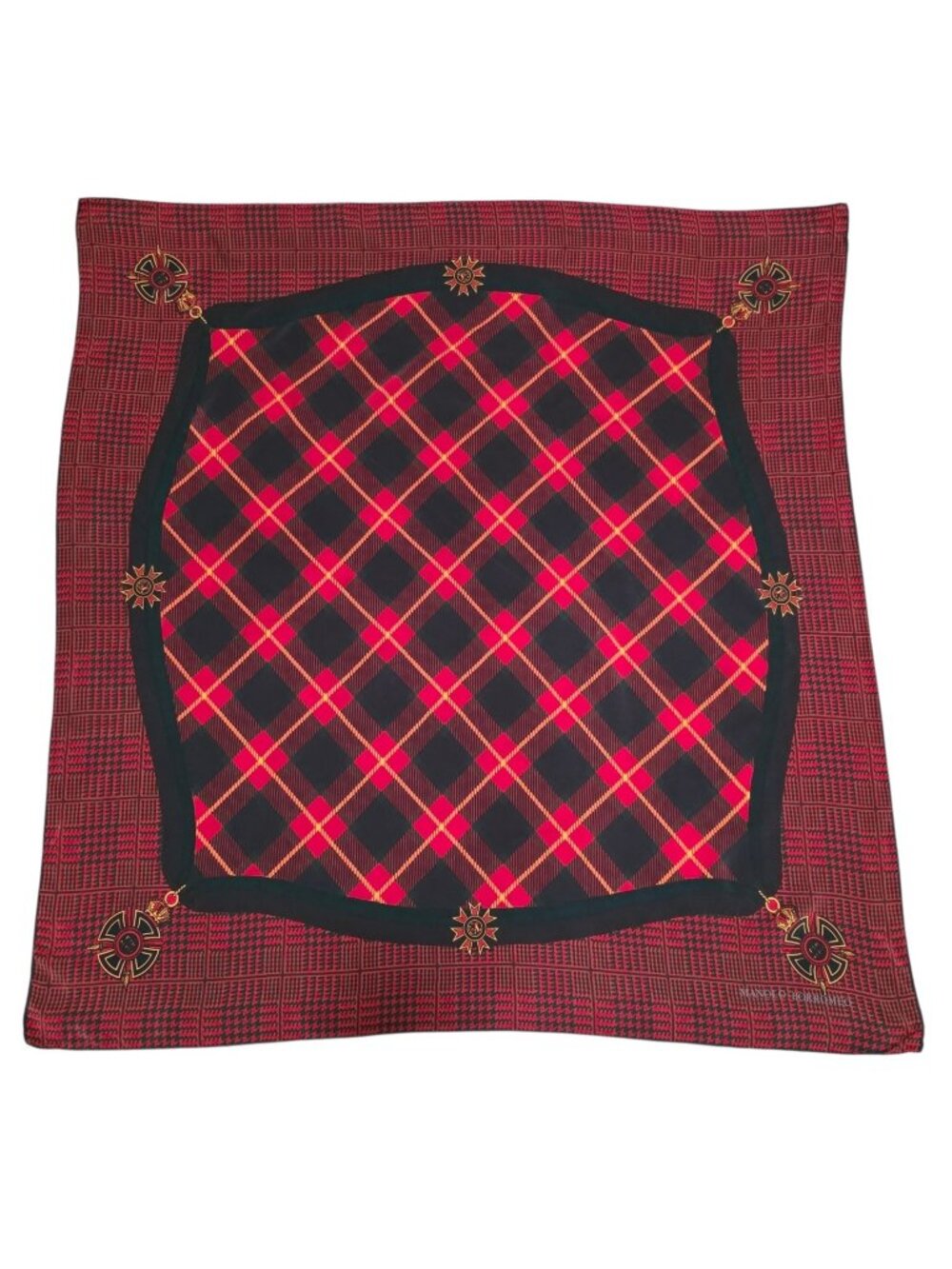 Manolo Borromeo Silk Hand Rolled Scarf with Houndstooth Tartan Crest 34"